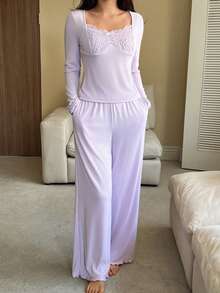 DAZY Charming Lace Patchwork Soft Knit Women Pajama Set - Purple - View 1