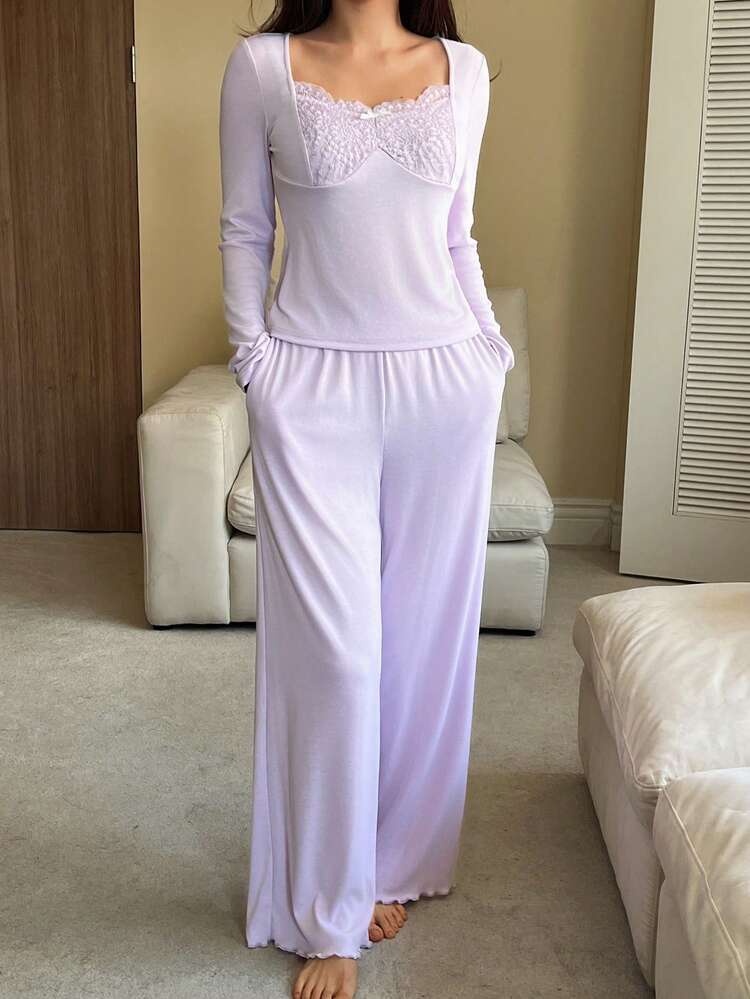 Charming Lace Patchwork Soft Knit Women Pajama Set