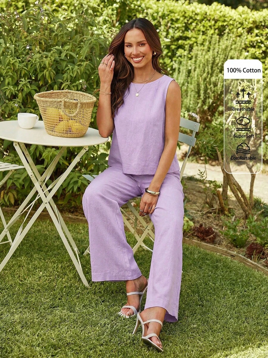 KARISMINA 2件套女士纯色梭织修身背心和高腰宽松直筒裤套装，春季女装，热带度假风，亚麻材质。 - 淡紫色 - 查看 1