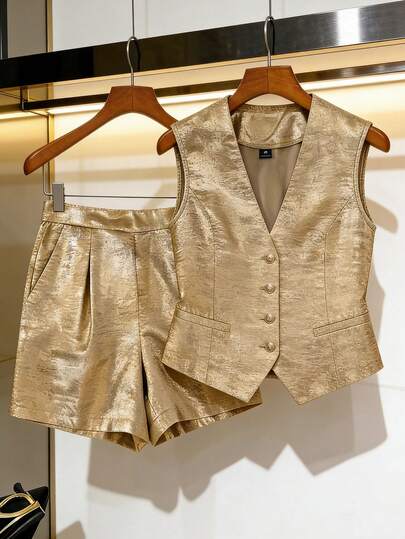 GlowEve CURVE Plus Size Women's Single-Breasted Vest And Pleated Shorts Suit Set Gold Clothes 2 Piece Short Sets Woman Gold Outfit Women Gold Two Piece Set Petite 2 Piece Set