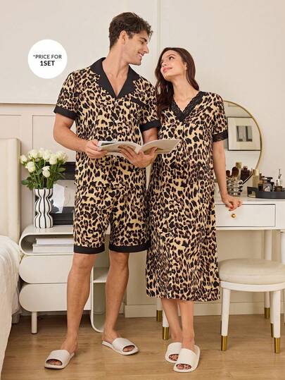 SHEIN Gentleman Style Leopard Print Patchwork Solid Color Contrast Short Sleeve Shorts Men Pajama Set