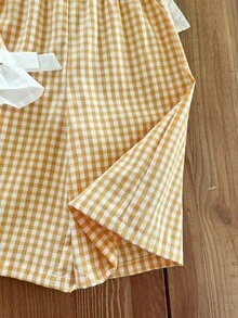 SHEIN LMoss Kids Babygirl Summer Cute Pink & White Plaid Ruffle Sleeveless Top And Elastic Waist Loose Pants Set - Yellow - View 5