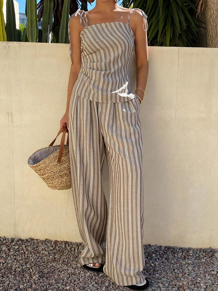 2pcs Set: Striped Camisole Design Slim Fit Top And Loose Striped Pants