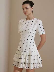 Revavyn Black & White Polka Dot Print Round Neck Waist Cinched Short Sleeve All-Match Silhouette Layered Ruffle Hem Casual Versatile Women Dress - Black and White - View 6