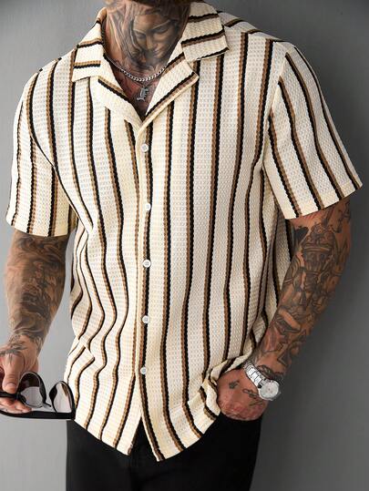SLATEMANN Casual Fashion Versatile Summer Button-Down Short Sleeve Shirt For Men Men Black And White Striped Shirt Men Textured Shirt Men Short Sleeve Button Up Shirt,Men's Autumn Outdoor Clothing,2025 Men's Clothing For Autumn,The New Autumn Shirt Is A Versatile Autumn Outing Shirt Suitable For Various Occasions Such As Commuting, Casual Dates, And Business,Men Old Money,Daily Leisure, Weekend Trips, Outdoor Activities, Travel Expeditions, Relaxed Work Environments Or Semi-Formal Occasions, Boyfriend/Husband Gift, Anniversary /Birthday Gift Party Summer Vacation Holiday,Wedding,Spring To Summer,Mardi Gras,Men's Casual Short Sleeve Striped Waffle Knit Polo Shirt Classic Button Down For Versatile Look,Men Cuban Shirt,Men S Short Sleeve Button Ups,Men Retro Shirt,Men S Cream Button Up,Men S Summer Button Ups
