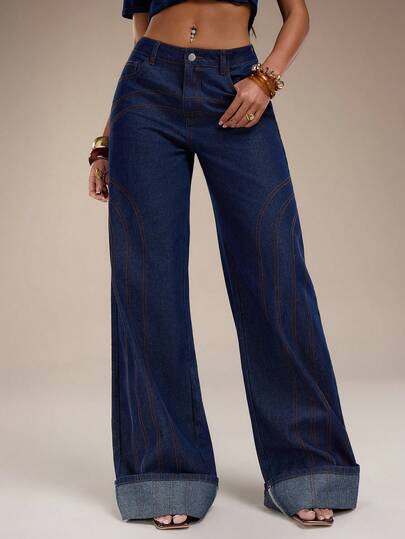 Normani Spring Summer Concert Outfits For Women Going Out Outfits Casual 2000s Y2k 90S Club Vintage Rave Outfits Festival Old Money Streetwear Easter St Patrick's Day Women Party Beach Wedding  Going Out Graduation Elegant Vacation Casual Festival Formal Retro Washed Dark Blue Denim Wide-Leg Pants With Pressed Stitching