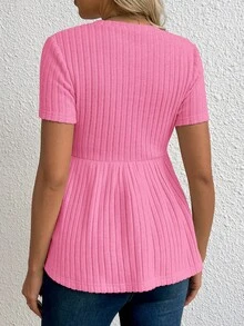 SHEIN Maternity Round Neck Short Sleeve Ribbed Pleated Peplum Solid Tee - Hot Pink - View 2