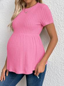 SHEIN Maternity Round Neck Short Sleeve Ribbed Pleated Peplum Solid Tee - Hot Pink - View 5