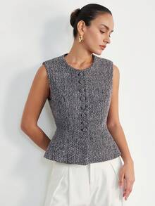 Aveloria Modichic 时尚设计感休闲圆领黑白人字纹混纺收腰纽扣优雅通勤百搭复古简约设计女式无袖背心外套 - 彩色 - 查看 3