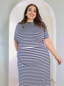 Pretty and Ole 2pcs/Set Women Plus Size Casual Vacation T-Shirt And Striped Maxi Dress, Spring/Summer - Navy Blue - View 6