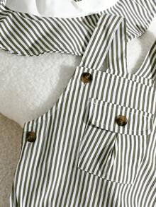 SHEIN Playful Pals 2件裝新生兒男嬰/女嬰中性服裝套裝 綠白條紋吊帶連身褲 夏季休閒度假款 極簡風 0-3歲 - 綠色 - 查看 10