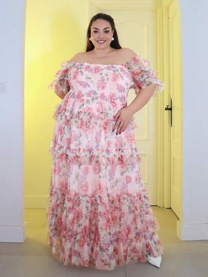 Pretty and Ole 大码女式优雅浪漫花卉印花网眼镶嵌针织新连衣裙、太阳裙、茶会装、复活节连衣裙、春假、鸡尾酒会