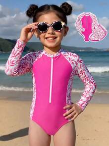 全新时尚女童可爱印花连体泳衣 - 玫紅色 - 查看 3