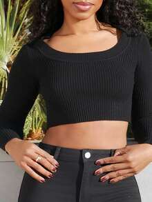 Yess Loren Scoop Neck Ribbed Knit Crop Sweater,Long Sleeve Tops In Fall/Winter - Black - View 5