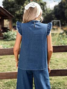 Breezaya 女士休闲褶皱牛仔衬衫，喇叭袖，夏季 - 深色水洗藍 - 查看 2