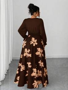 Elenzga Kooky Elegance 系列（忧郁气质）（周三美学）大码女装春秋季优雅印花V领长袖荷叶边腰带修身连衣裙 - 咖啡棕 - 查看 2