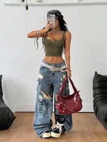 Coolane Women's Summer Concert Rave Festival Going Out Basic Renaissance Fair Club Sexy Y2K Rib Knit Army Green Notched Collar Truncated Tank Top - Army Green - View 5