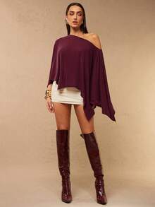 Silquee 女士休闲纯色不对称领口及下摆宽松衬衫，适合春、夏、秋季穿着。 - 玫瑰紅 - 查看 4