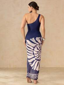 Swim Oasis Traje de baño de una pieza con pliegues de unicolor con cubierta y falda estampada para mujer, perfecto para vacaciones - Azul Marino - Ver 4