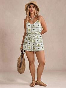 Freevana 大码女式假日阳光印花休闲连体衣 - 綠色 - 查看 3