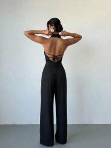 Firerie 女士新款优雅通勤阔腿连体裤，深V领露背设计，适合春夏各种场合，如办公室、通勤、约会、派对、婚礼、毕业典礼、演出、工作、返校、晚宴、生日、假日、波西米亚风、度假等。 - 黑色 - 查看 7