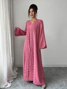 Al Najma Đầm Thổ Nhĩ Kỳ Ả Rập dài tay dáng rộng, thanh lịch, thoải mái, tối giản dành cho nữ, viền ren. - Hồng - Xem 3