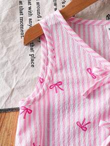 SHEIN LMoss Kids 2pcs Young Girl's Pink Elegant Woven Striped Bow Tie Vest And Shorts Set,Summer,Matching,Family Vacation,Stylish Casual Kids Outfits For Holidays - Multicolor - View 8