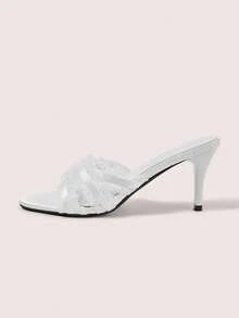 CUCCOO DOLLMOD 女士优雅蕾丝缎面高跟穆勒拖鞋，甜美可爱高跟凉鞋 - 白色 - 查看 2