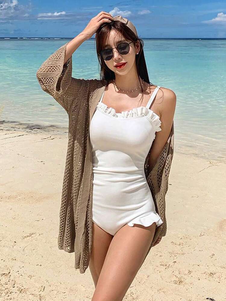 Women's Vacation Solid Color Drop Shoulder Long Sleeve Hollow Out Thin Cardigan
