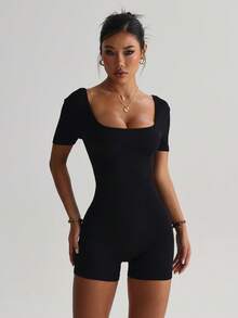 Dewbera 女士无缝性感高弹力运动连体裤，瑜伽健身连体裤 - 黑色 - 查看 2