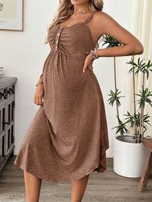 Cheriluna Maternity Maternity Solid Color Ruched Button Design Camisole Nursing Dress - Brown - View 5