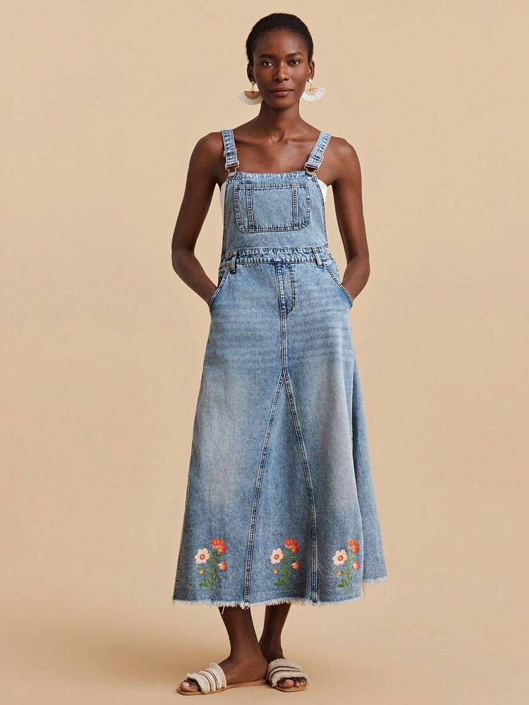 city chic denim overall dress Women's Plus Size Pinafore Denim Mid Wash Maxi Dress