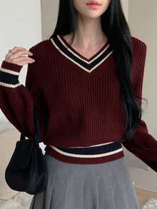 DAZY 女式撞色V领休闲毛衣、长袖上衣秋季 - 酒紅色 - 查看 3