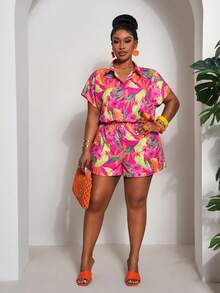 Slaydiva 新款休闲度假宽松纹理女式加大码衬衫，纽扣前襟搭配打结短裤套装，夏季 - 玫紅色 - 查看 8