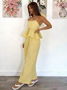 SHEIN 2pcs/Set Tween GirlsYellow Textured Camisole Ruffle Hem Cropped Top + Flowy Wide Leg Pants, Elegant Date/Commute Outfit, Fashionable Street Style, Suitable For Daily Wear - Yellow - View 5