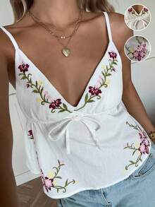 SHEIN EZwear Áo ba lỗ không tay thắt eo thêu hoa phong cách nghỉ dưỡng dành cho nữ - trắng - Xem 6