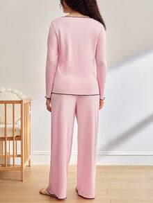 Maternity Long Sleeve Ribbed Top And Adjustable Waist Pants Loungewear Set - Dusty Pink - View 3