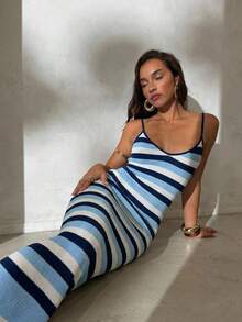 Aloruh Women's Spring/Summer New Knitted Crochet Dress, Criss-Cross Backless Striped Bohemian Vacation Dress, Elegant Dress - Blue - View 4