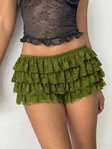 Aloruh Quần short nữ gợi cảm phong cách Punk Rock Bohemian Y2K ren đen xếp nếp, quần short cạp siêu thấp ren mới. - xanh quân đội - Xem 7