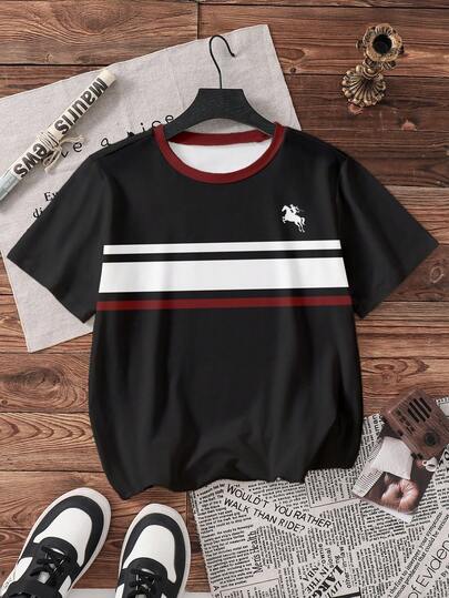 女童宽松印花短袖上衣，黑白复古硬币图案，宽松针织圆领