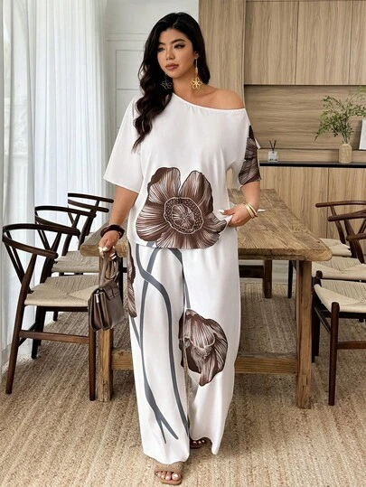 Weeklong 2pcs/Set Plus Size Women's Asymmetric Collar Printed Loose Top And Straight Leg Pants, Suitable For Vacation And Daily Wear, Spring/Summer