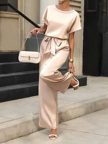 Editum 女士新款优雅收腰修身串珠纯色缎面连体裤，适合日常穿着、婚礼、派对及多种场合。 - 杏色 - 查看 7