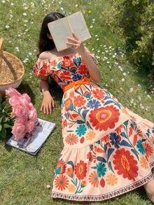 Sparklyn 少女两件套：露肩荷叶边热带植物印花上衣和长裙，度假风 - 彩色 - 查看 1