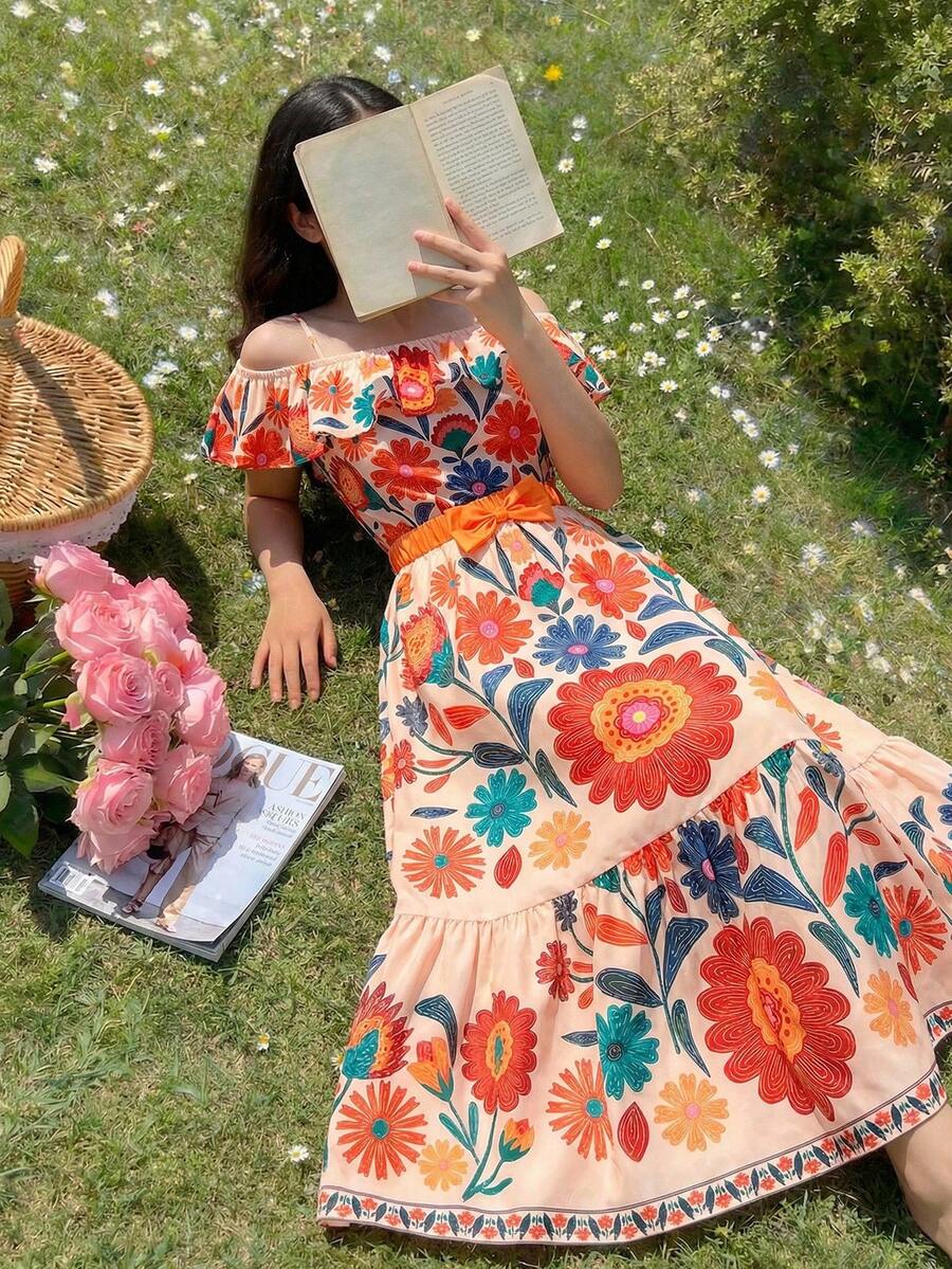 Sparklyn 少女两件套：露肩荷叶边热带植物印花上衣和长裙，度假风 - 彩色 - 查看 1