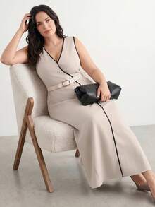 Juhart 大码女式宽松无袖撞色开衫连衣裙，早春 - 杏色 - 查看 8