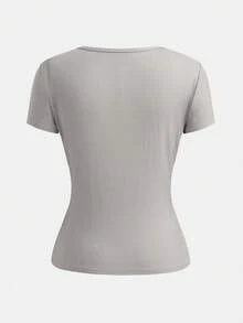 SHEIN Girlism Teen Girls V-Neck Button Knit Short Sleeve T-Shirt, Sweet Cute Minimalist Versatile Casual Daily Mid-Length Tee - Grey - View 2