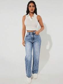 SHEIN PETITE Quần jeans ống đứng cạp cao, giặt mài, phong cách thường ngày - Rửa trung bình - Xem 3