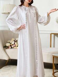 Al Najma Conjunto de bata de manga larga con decoración de rhinestones y vestido de cuello redondo sin mangas, estilo árabe abaya para mujer - Blanco - Ver 6