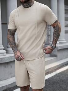 Manfinity CasualCool 男士短袖纹理面料T恤套装，适合居家或户外休闲穿着 - 杏色 - 查看 4