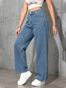 SHEIN ICON 大码女式复古街头风灰色无弹直筒牛仔裤 - 淺色水洗藍 - 查看 6